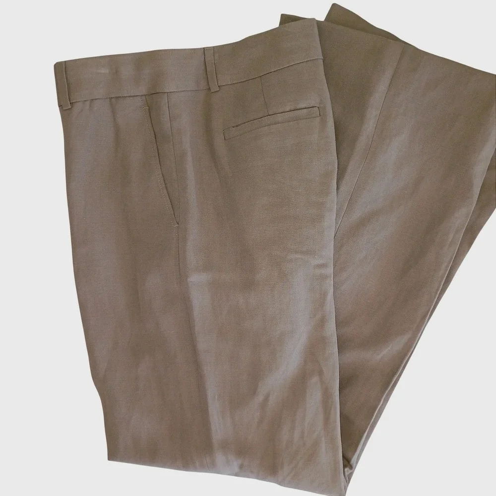 Taupe‎ Brown Linen Blend High Waisted Pleated Straight Leg Trousers Pants Sz 8